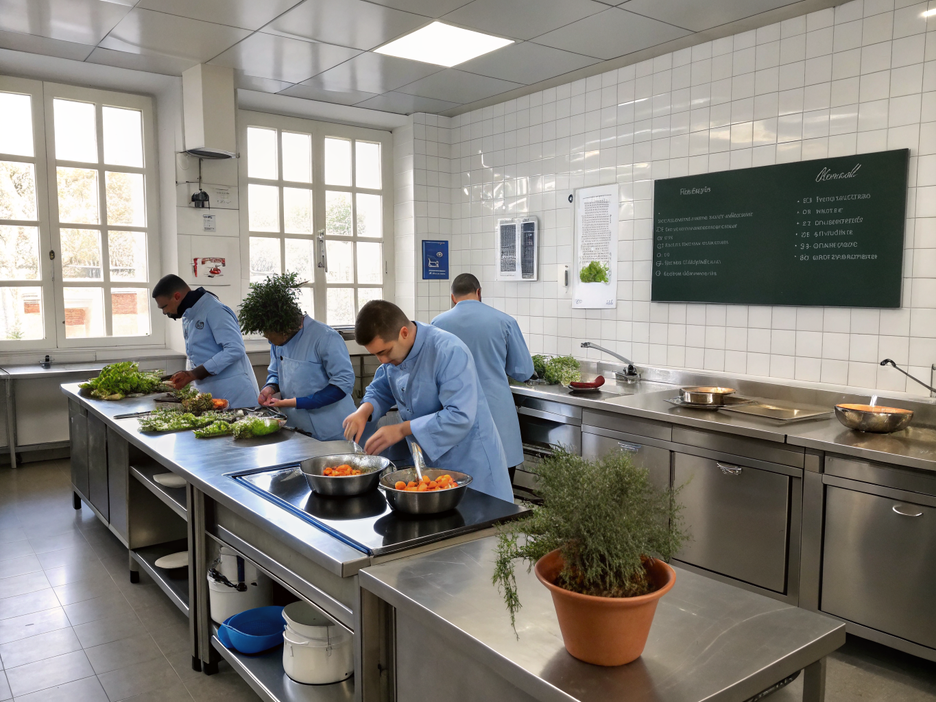 Stainless steel commercial teaching kitchen with demonstration cooking island, extraction canopy and clean dining tables