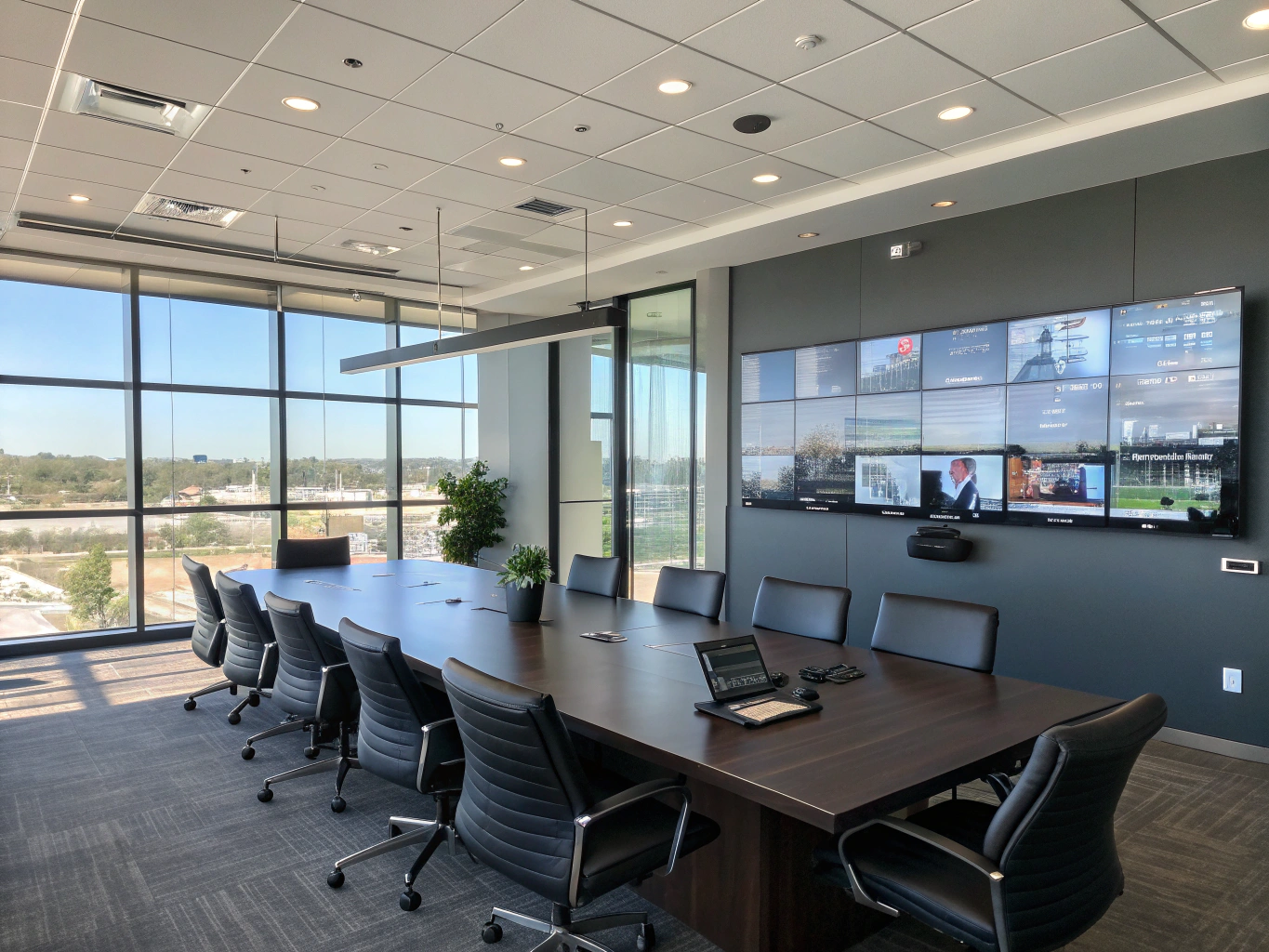 Professional boardroom with hardwood conference table, ergonomic executive chairs, and 4K hybrid video conferencing bar