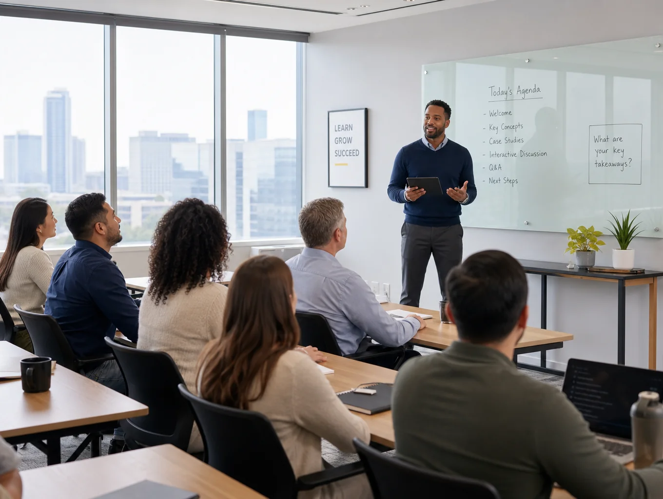 Modern daylight seminar room with modular training desks, 75-inch interactive digital display and magnetic whiteboards